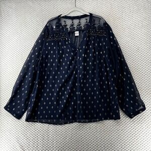 Blla Top Sheer Blouse Embroidered Beaded Long Sleeve Lace Lightweight  XXL‎